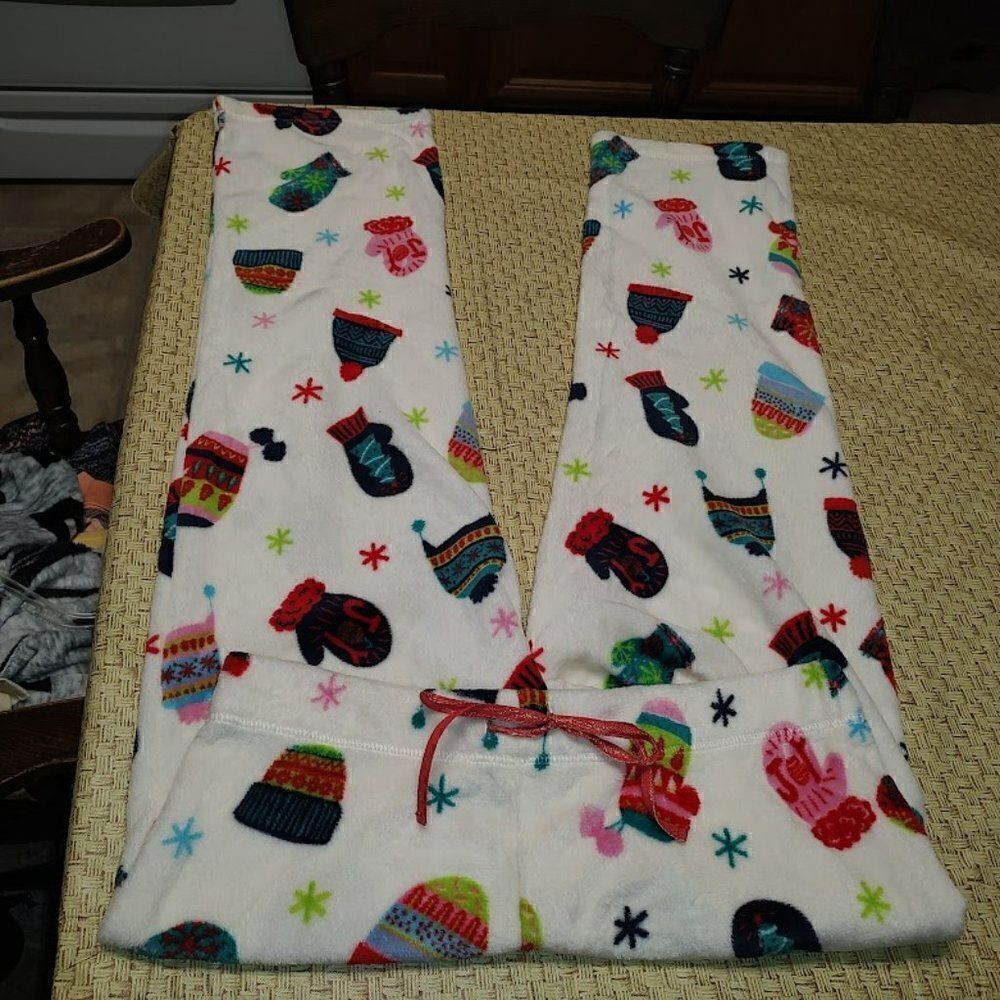 New Secret Treasures White Christmas Mittens Soft Fleece Pajama Pants Women's L